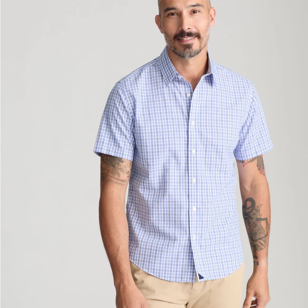 UNTUCKit Cotton Wrinkle-Free Short-Sleeve Dante Shirt Blue & White Checkered M